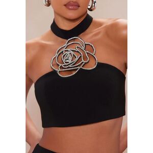 FASHIONOVA NOVALUXE Adeline Embellished Rose Top Black Size XS NWT